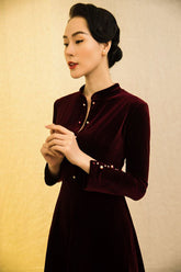 Velvet midi dress with high collar, pearl button details, and fitted long sleeves